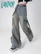 Lunivop Women’s Multi Pocket Design Wide Leg Cargo Jeans Vintage American Street Casual Pant